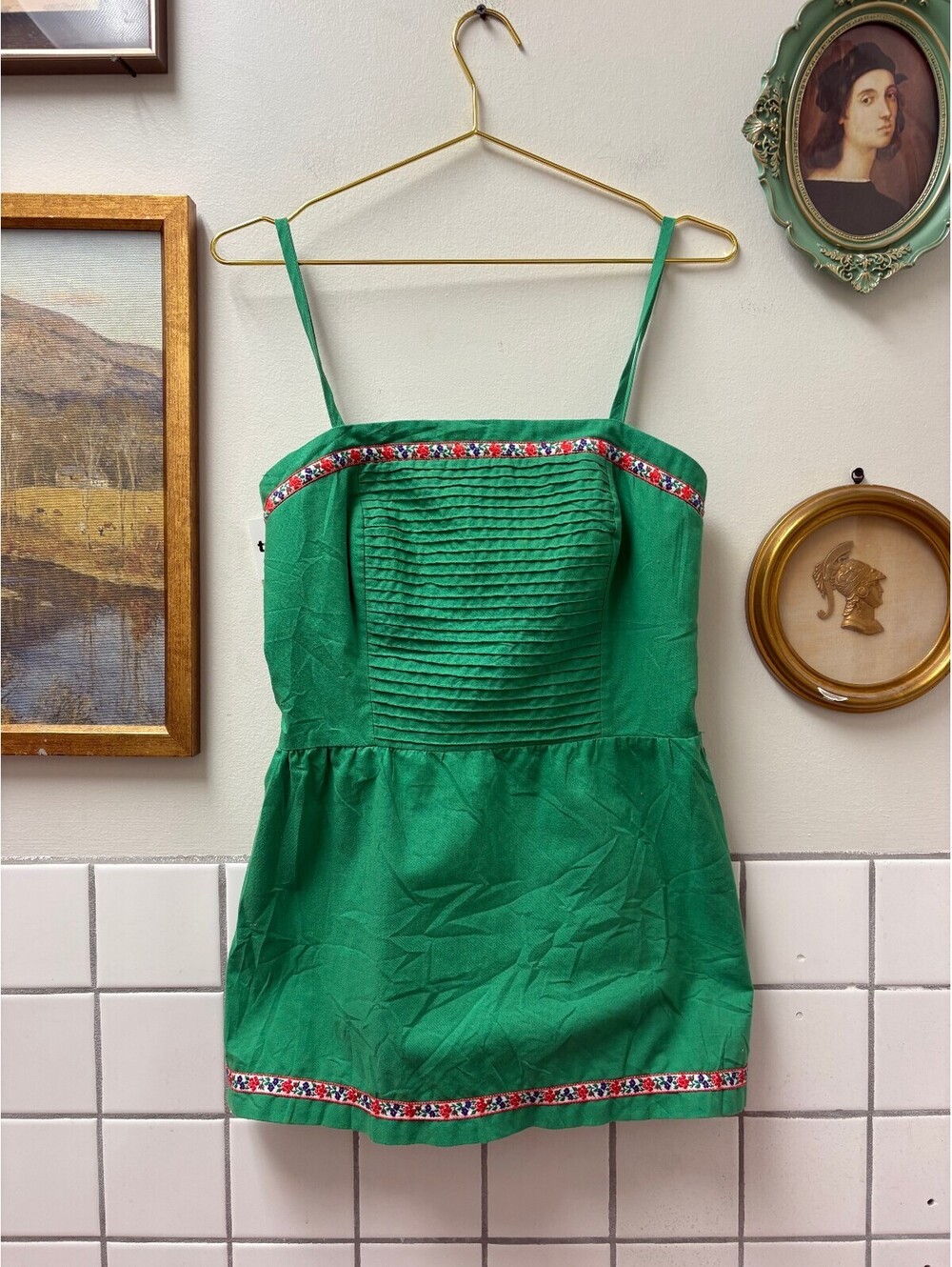Early 70s Green Poppy by ANZ Sleeveless Mini Dress/TunicEmbroidered Trim